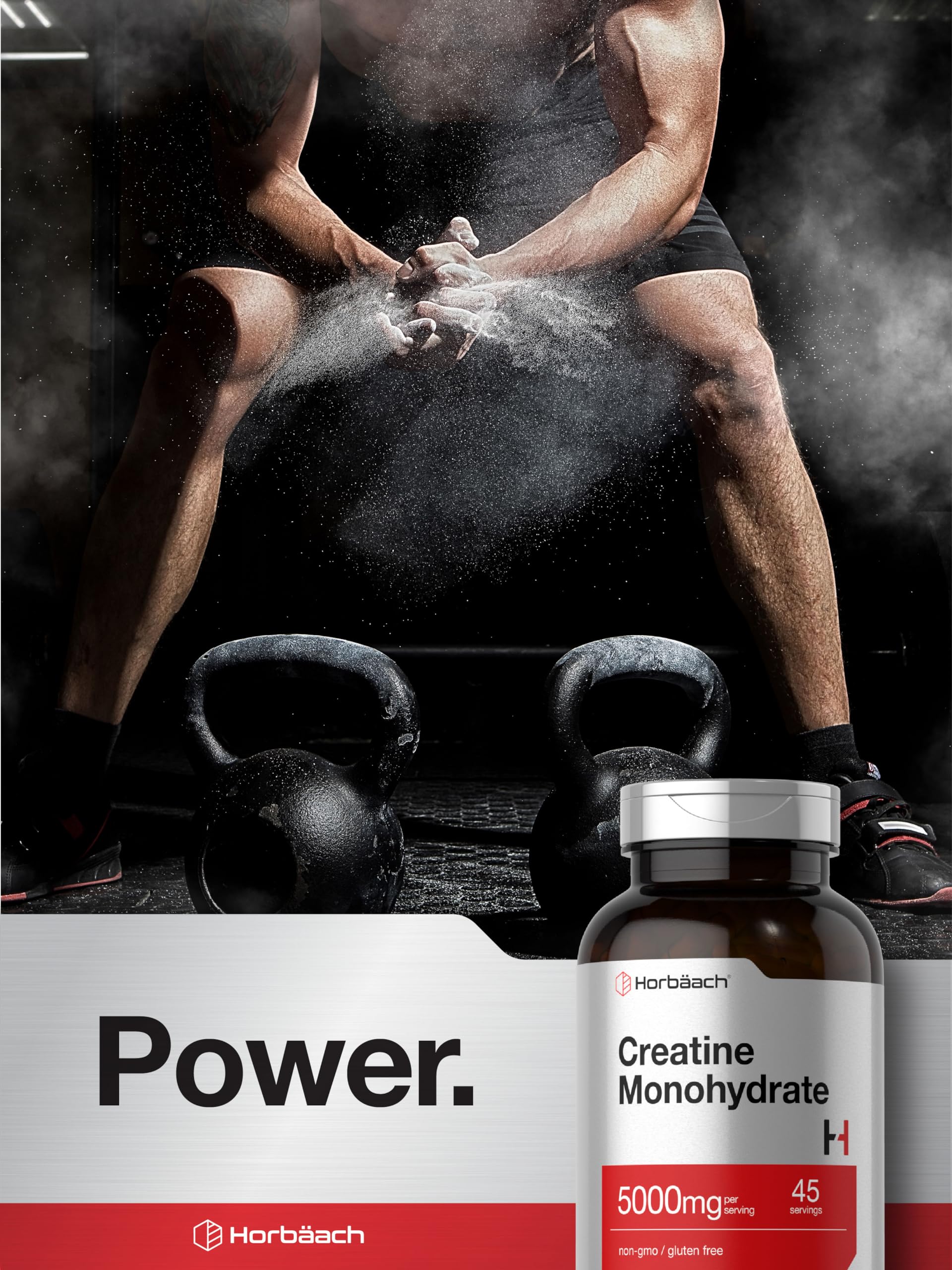 Horbäach Creatine Monohydrate bottle-on-desk on home gym shelf.
