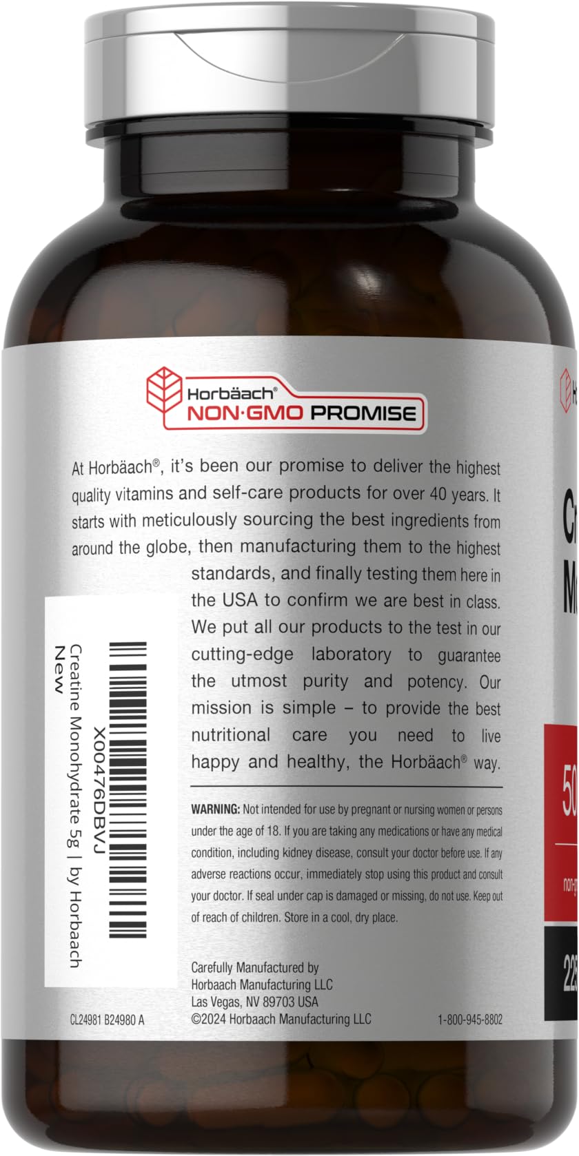 Horbäach Creatine Monohydrate label-closeup highlighting potency.