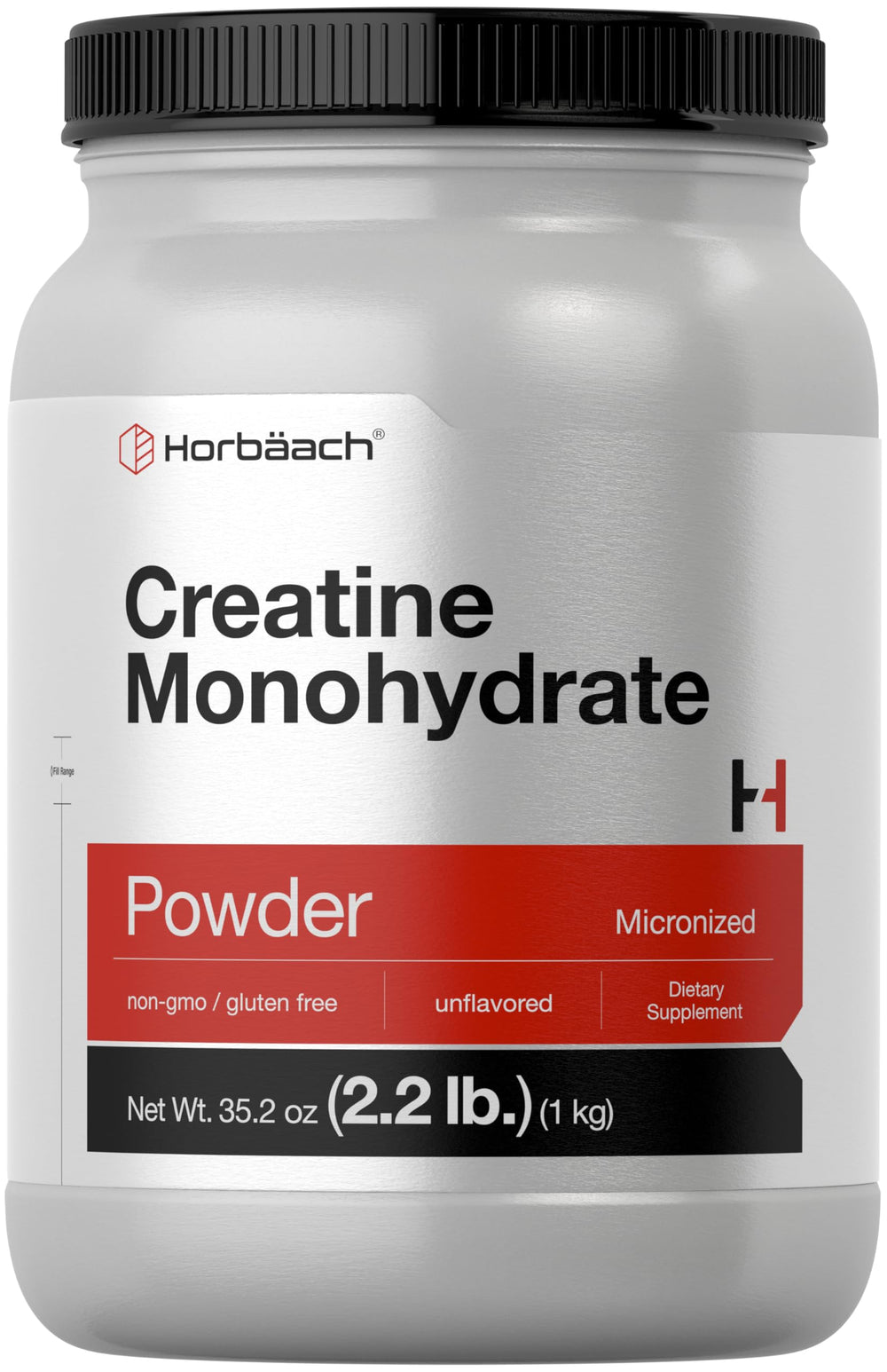 Horbäach Creatine Monohydrate powder bottle with scoop ready for daily workout support.