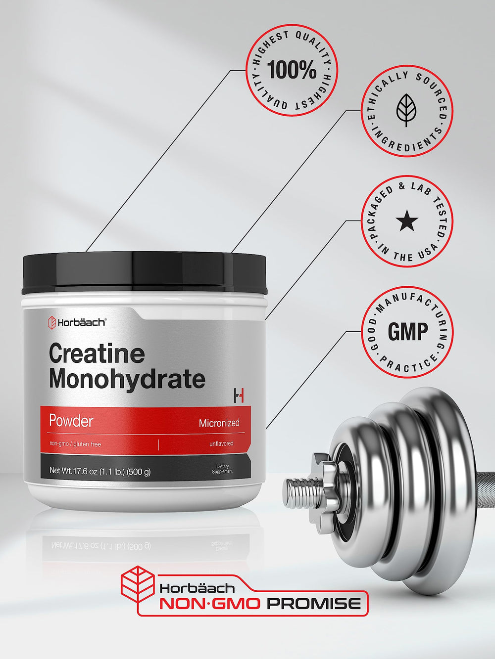 Horbäach Creatine Monohydrate powder cap open showing clean label.