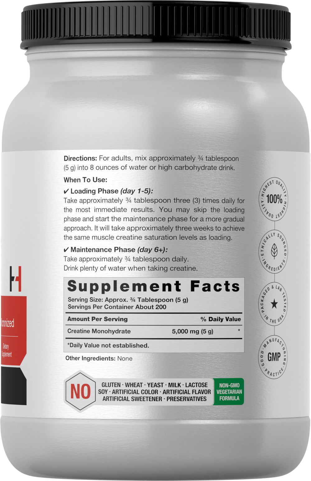 Horbäach Creatine Monohydrate label close-up showing purity and potency.