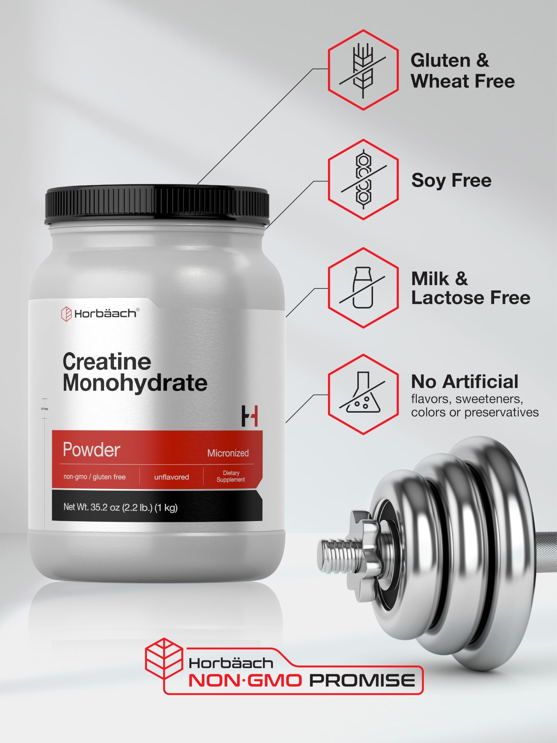 Horbäach Creatine Monohydrate 2.2 lb packaging highlights value and supply.