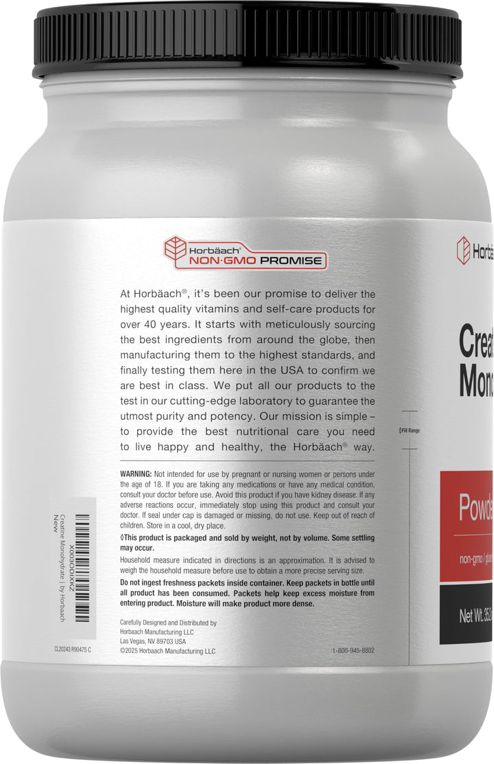 Horbäach Creatine Monohydrate powder being poured into a glass for easy mixing.