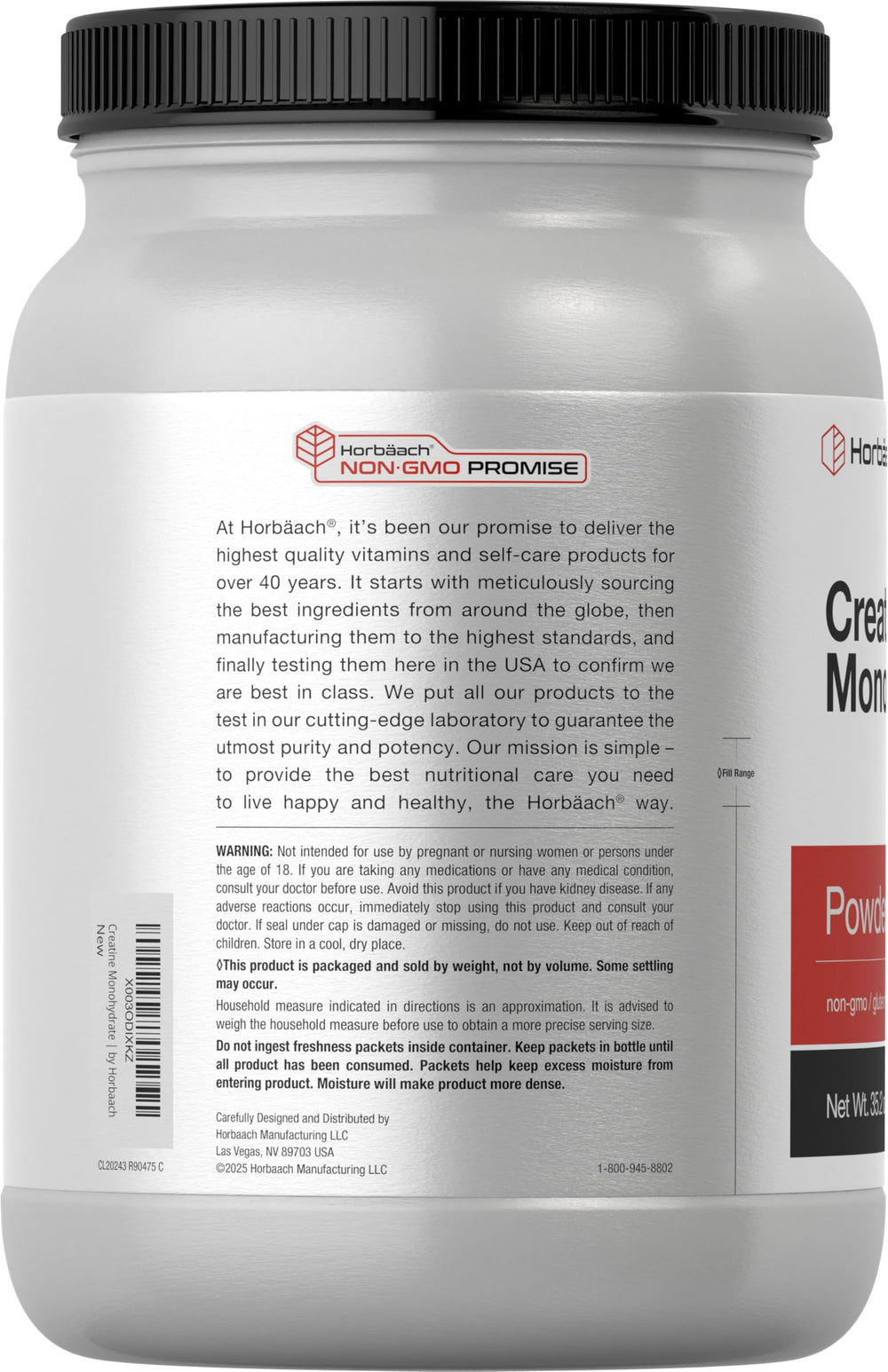 Horbäach Creatine Monohydrate powder being poured into a glass for easy mixing.