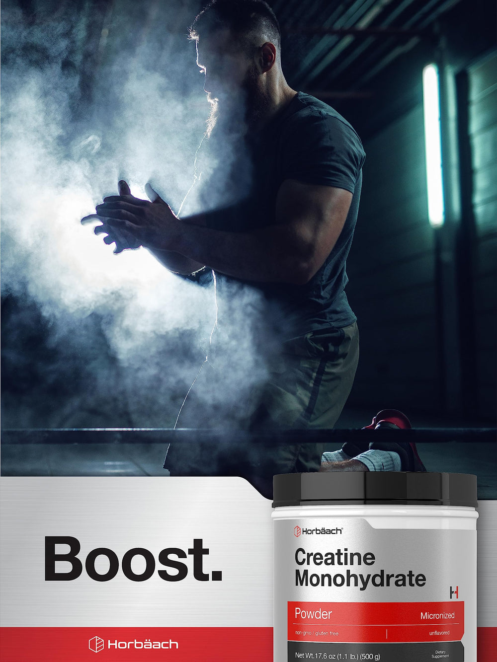 Horbäach Creatine Monohydrate powder in shaker ready to mix.
