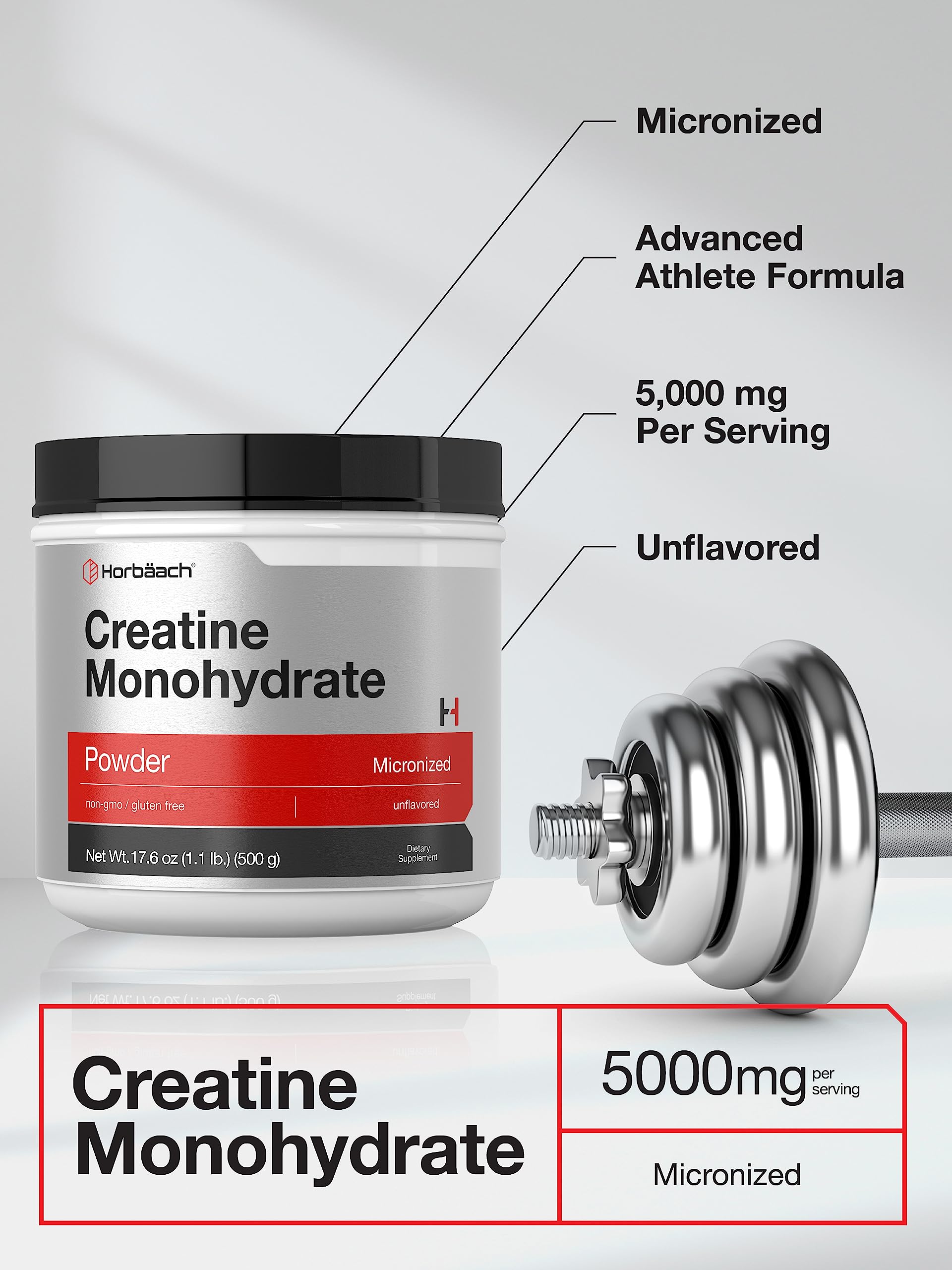 Horbäach Creatine Monohydrate powder unflavored blends into beverages easily.