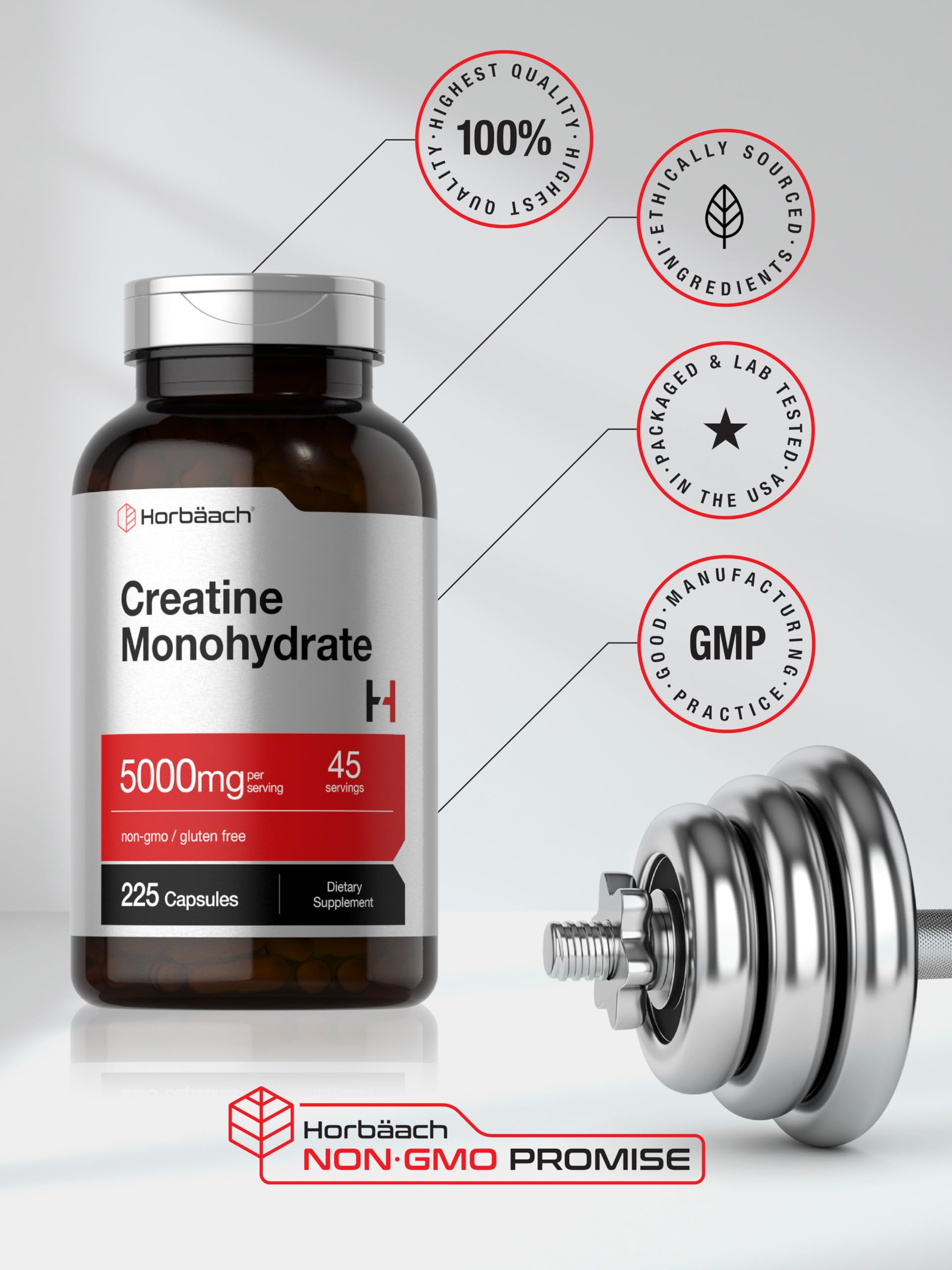 Horbäach Creatine Monohydrate serving-cap demonstrates portable daily dose.