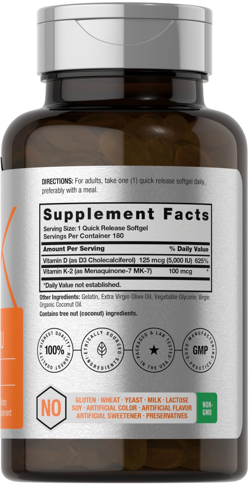 Close-up of Horbäach D3 K2 softgel capsules highlighting quick-release formula.