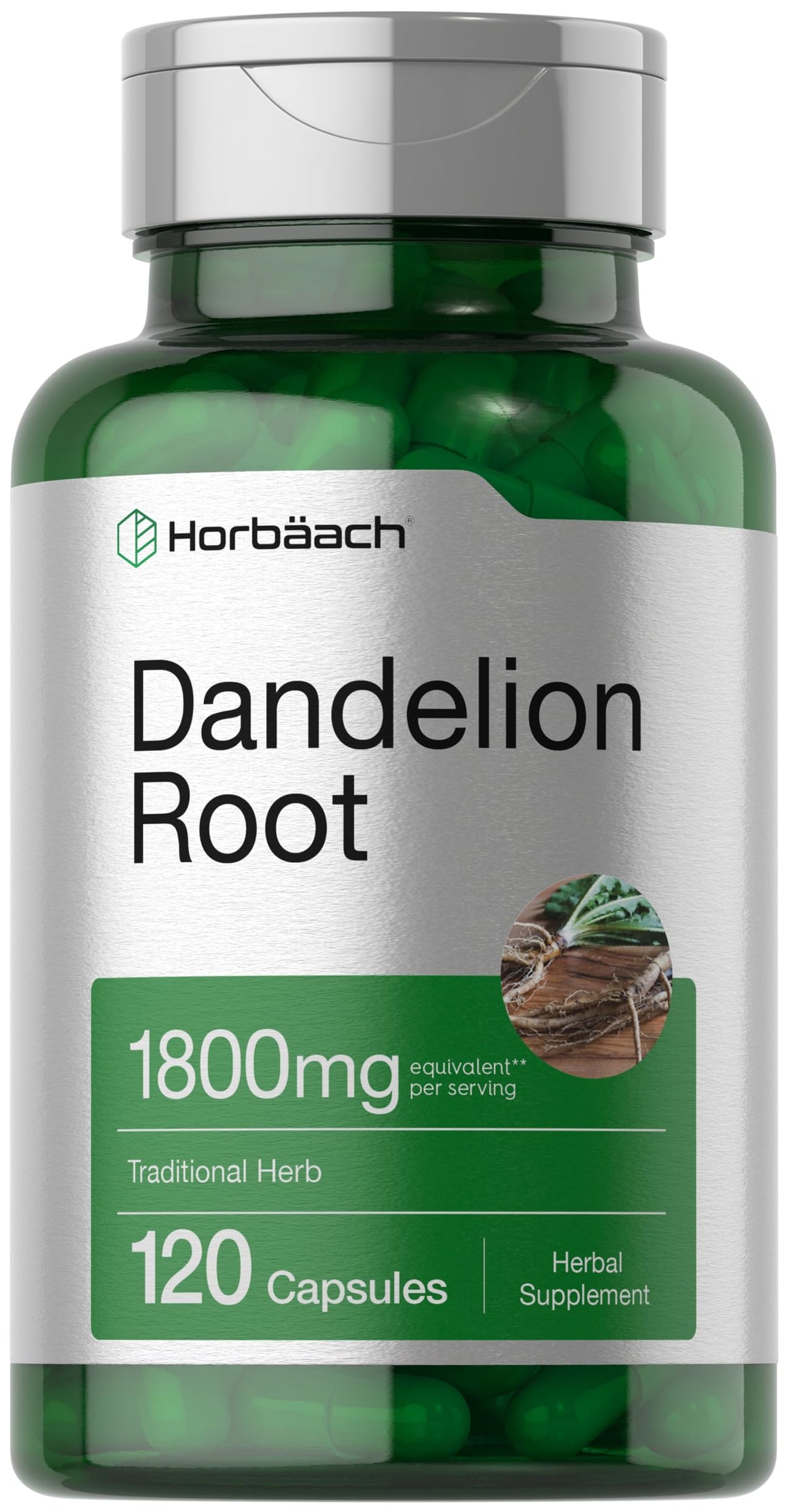 Horbäach Dandelion Root 1800mg bottle showing gluten-free and non-GMO formula for daily wellness