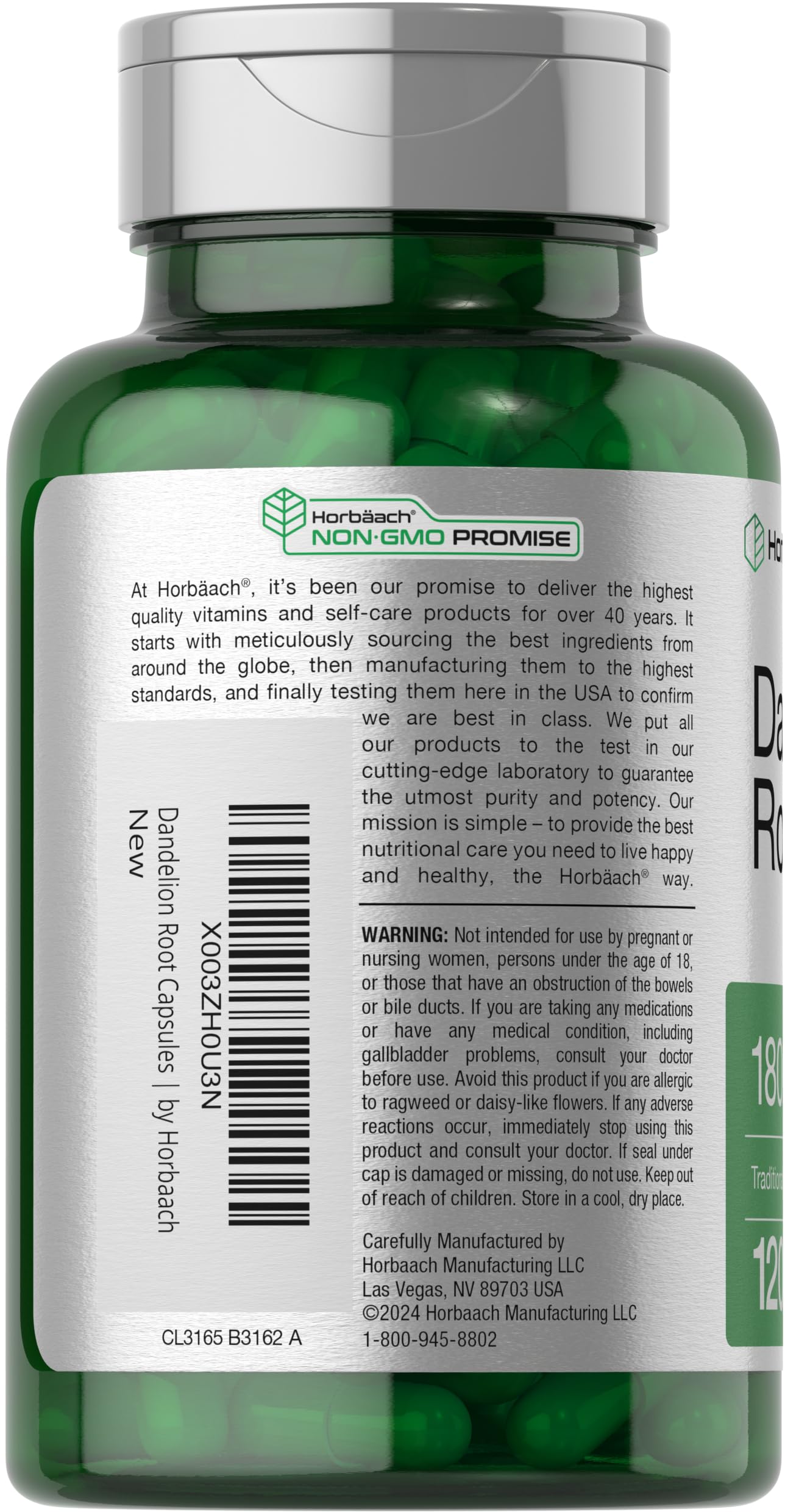 Horbäach Dandelion Root gluten-free label on bottle for allergen-conscious use