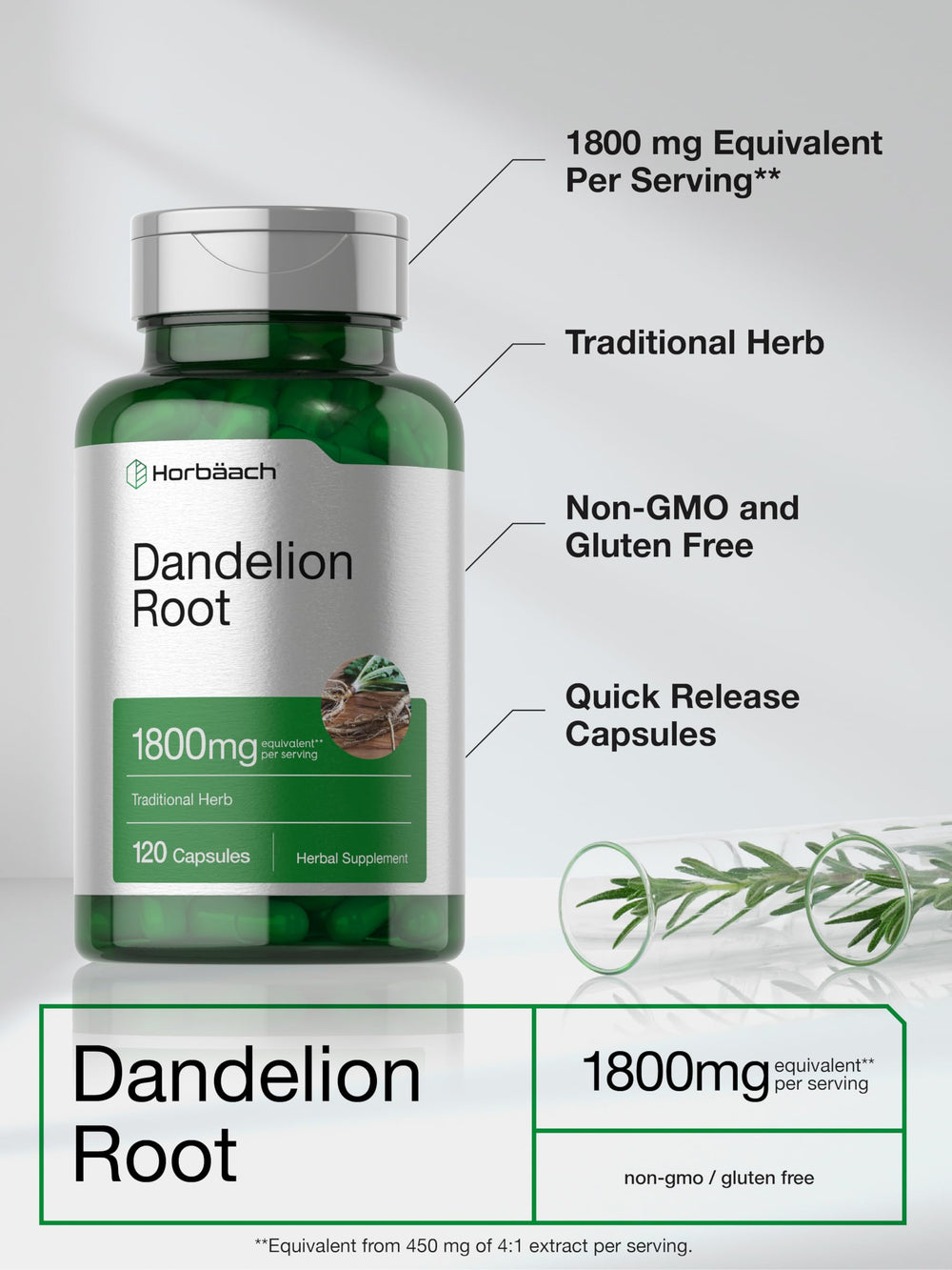 Horbäach Dandelion Root non-GMO seal on packaging signaling clean ingredients