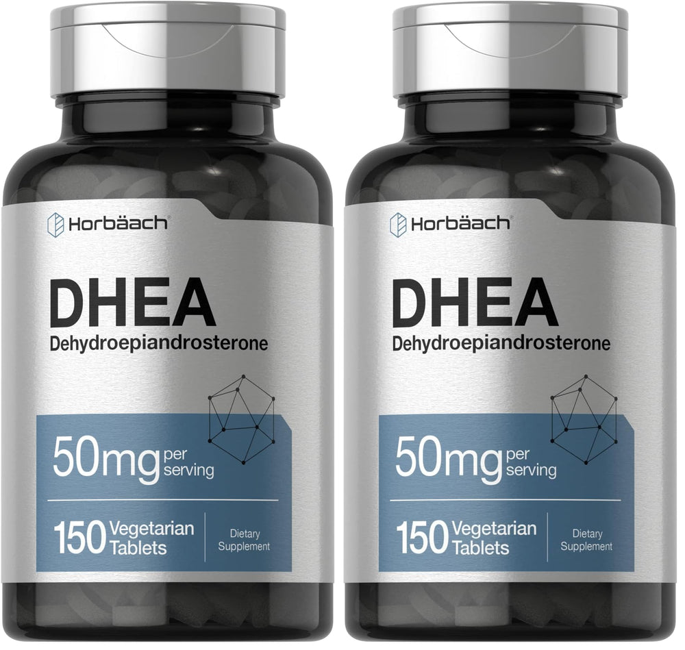 Horbäach DHEA 50mg bottle label highlights gluten-free and non-GMO details