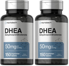 Horbäach DHEA 50mg bottle label highlights gluten-free and non-GMO details