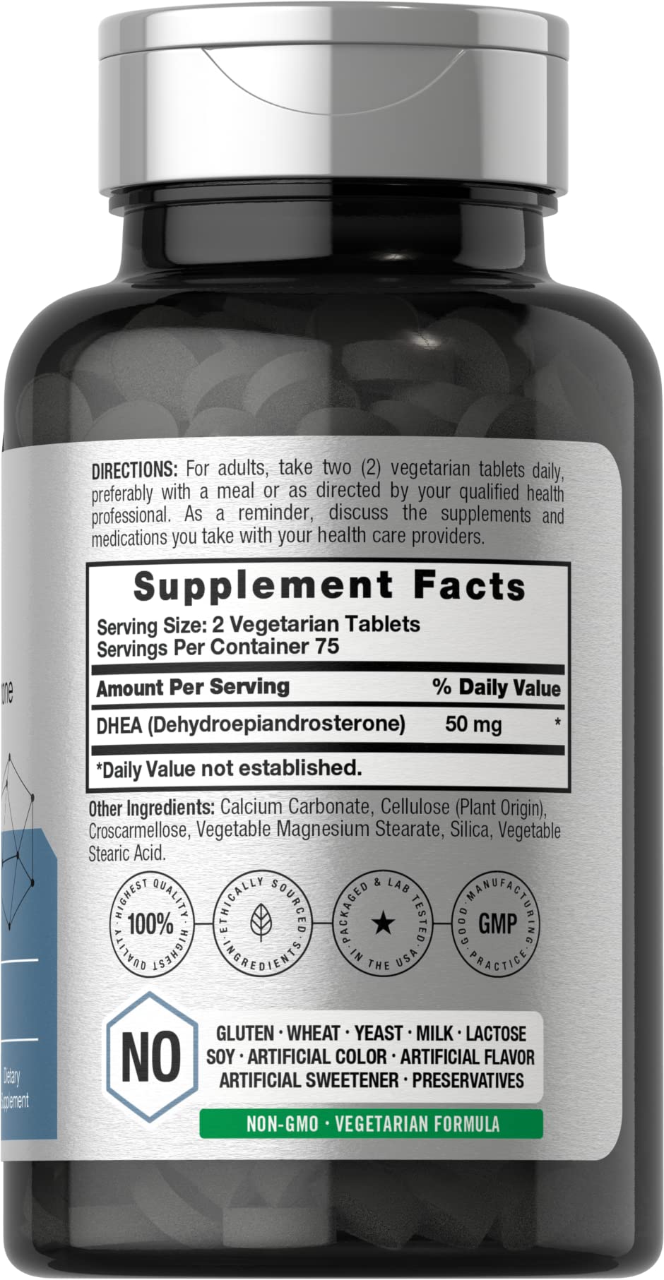 Horbäach DHEA tablets in bottle top view shows 150-count vegetarian formula