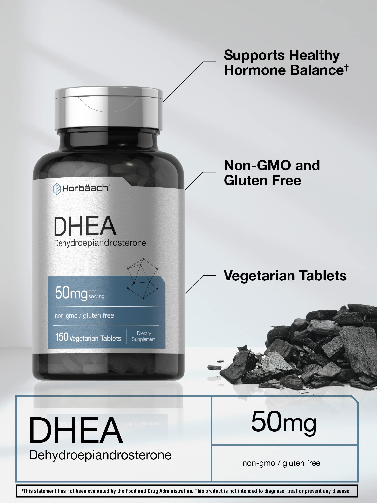 Horbäach DHEA bottle on shelf emphasizes premium-grade quality and purity