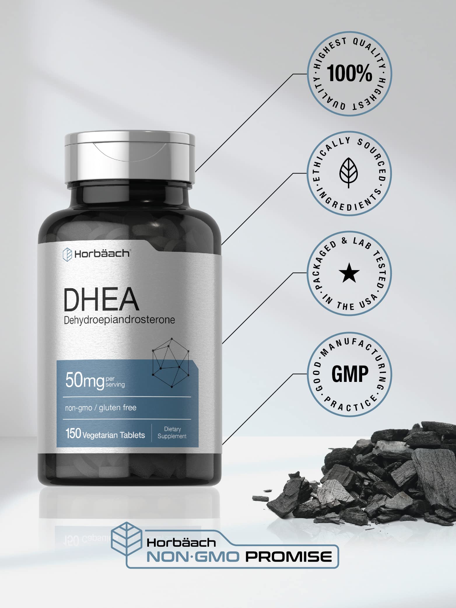 Horbäach DHEA packaging shows gluten-free and non-GMO assurances for clean supplement choice