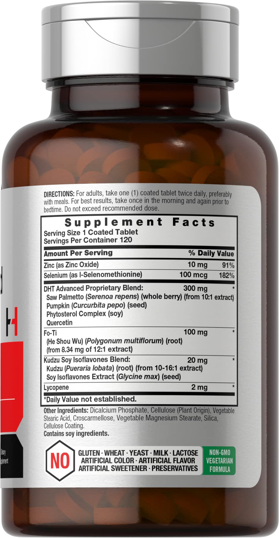 Horbäach DHT label close-up showing non-GMO and gluten-free formula