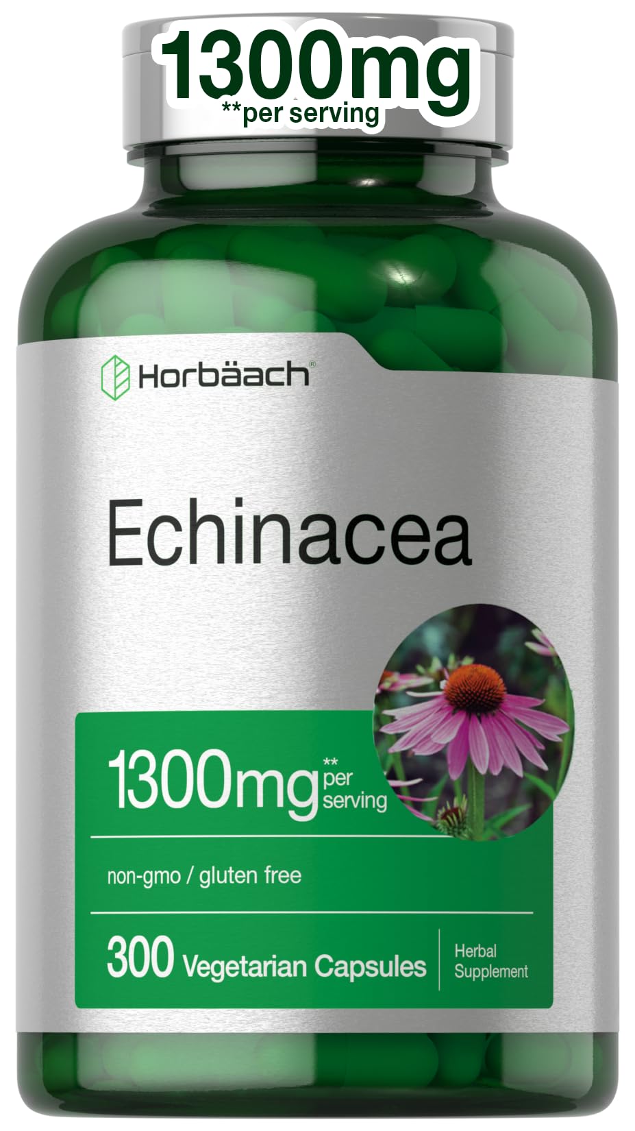 Horbaach Echinacea Extract capsules bottle showing potent 1300 mg formula for immune support