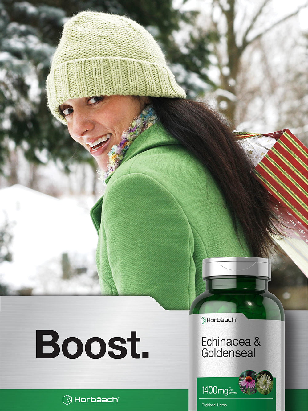 Horbäach Echinacea Goldenseal capsules with gluten-free badge and active formula indicator.