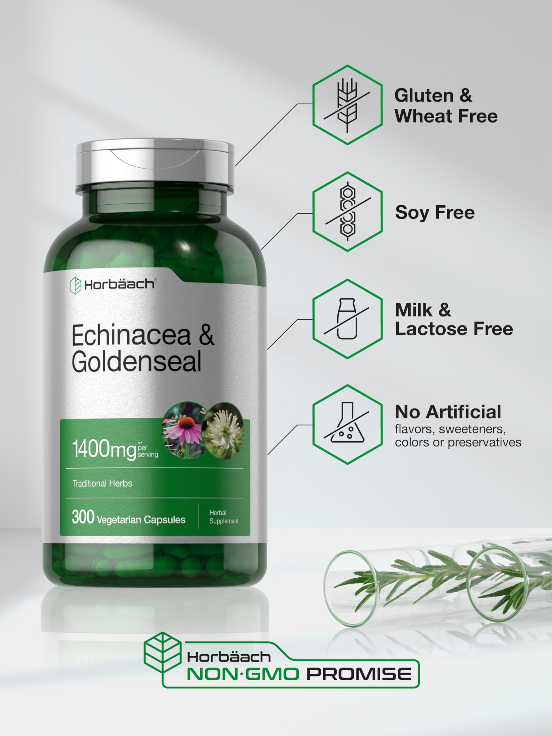 Horbäach Echinacea Goldenseal vegetarian capsules presented with natural imagery suggesting pure ingredients.