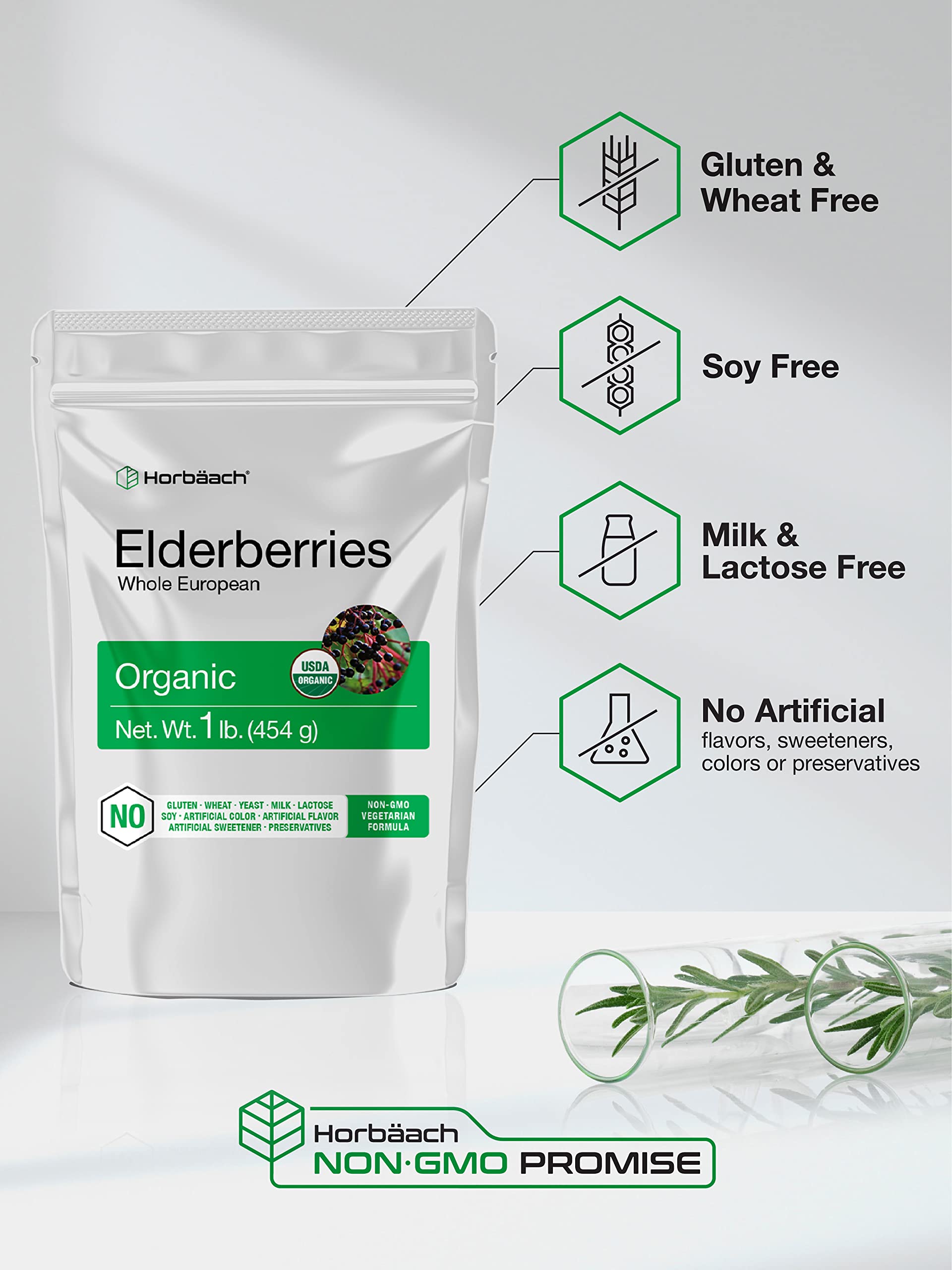 Horbäach dried elderberries bag label highlights non-GMO and gluten-free status