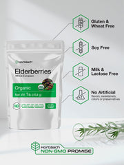 Horbäach dried elderberries bag label highlights non-GMO and gluten-free status