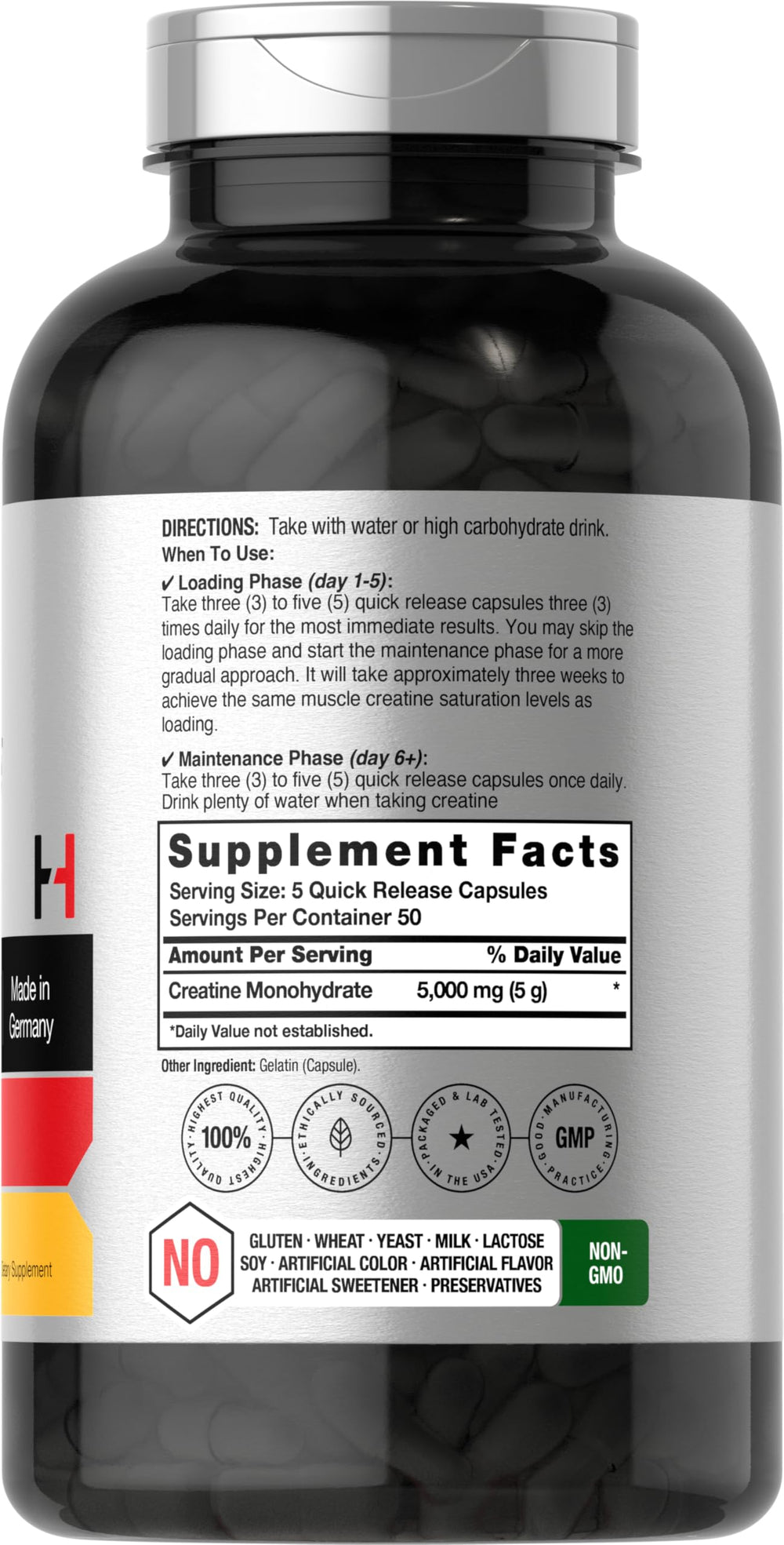 Horbaach capsules close-up showing a 5000 mg serving for workouts