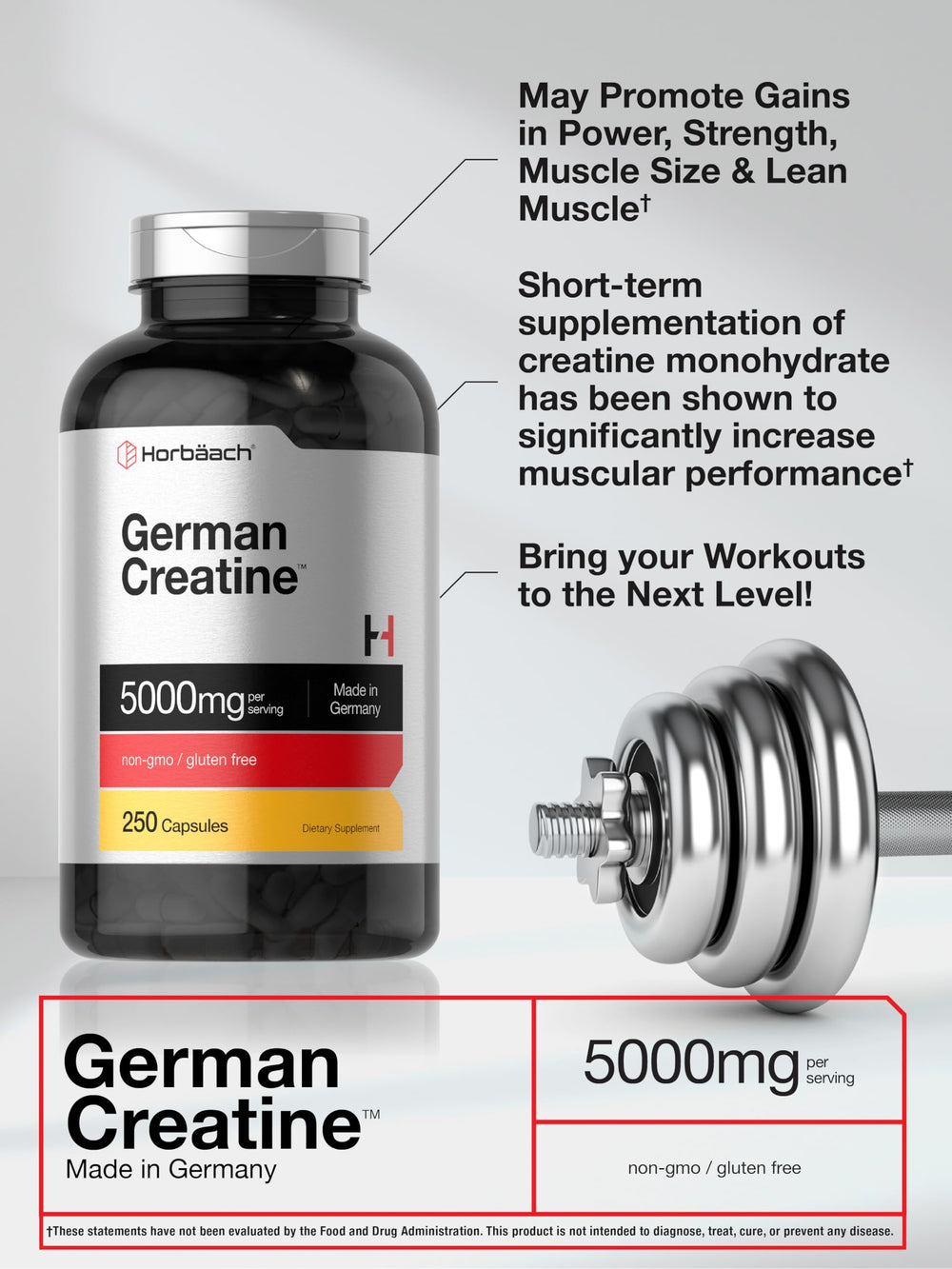 Product label details Creapure, gluten-free, and non-GMO attributes on Horbaach