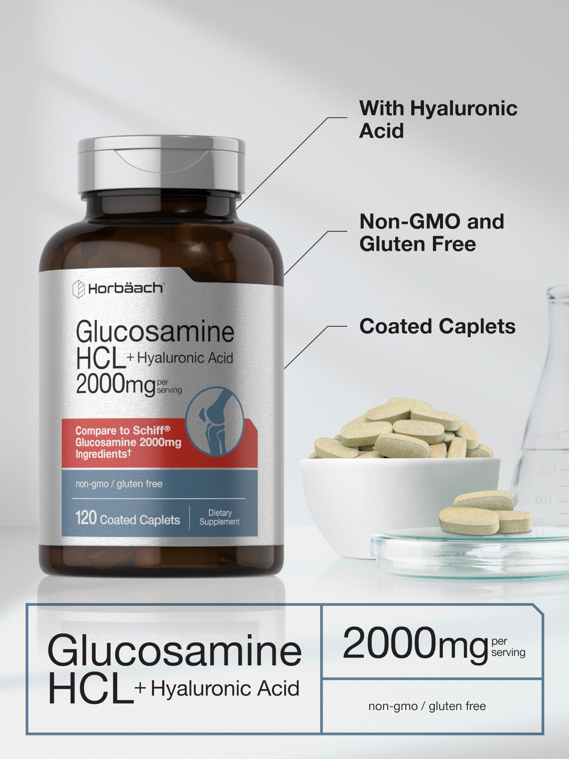 Caplets from Horbäach Glucosamine HCL bottle ready for daily use.