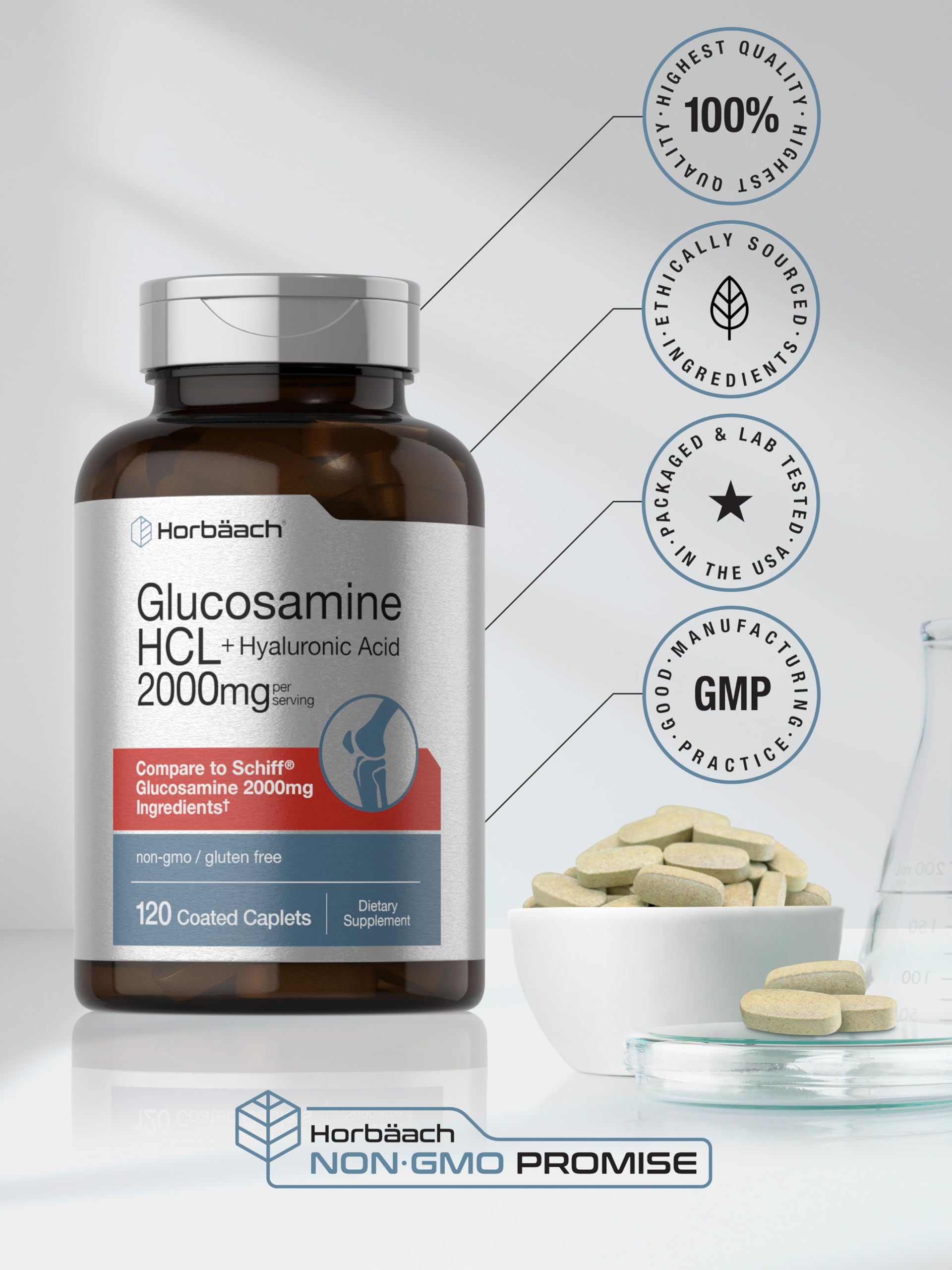 Gluten-free mark on Horbäach Glucosamine HCL bottle for dietary clarity.