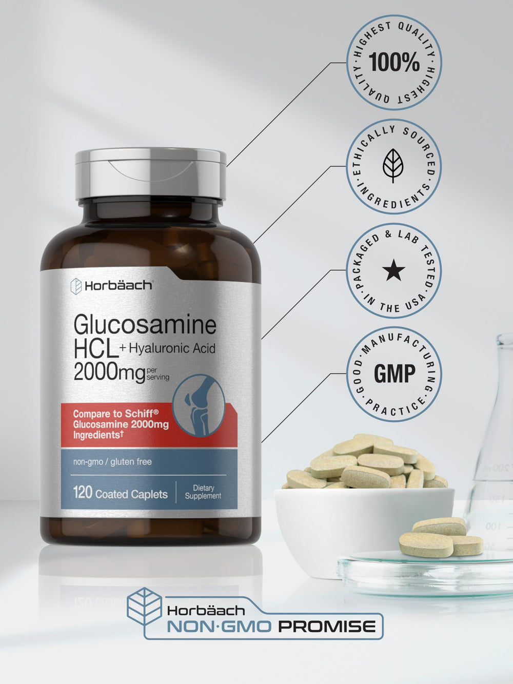 Gluten-free mark on Horbäach Glucosamine HCL bottle for dietary clarity.