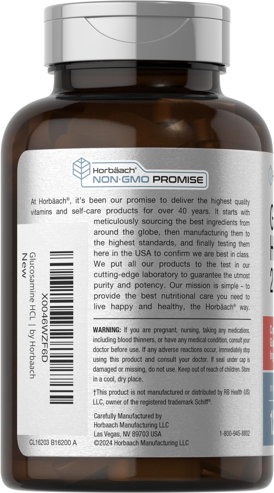 Horbäach Glucosamine HCL Hyaluronic Acid label highlighting potency and ingredients.