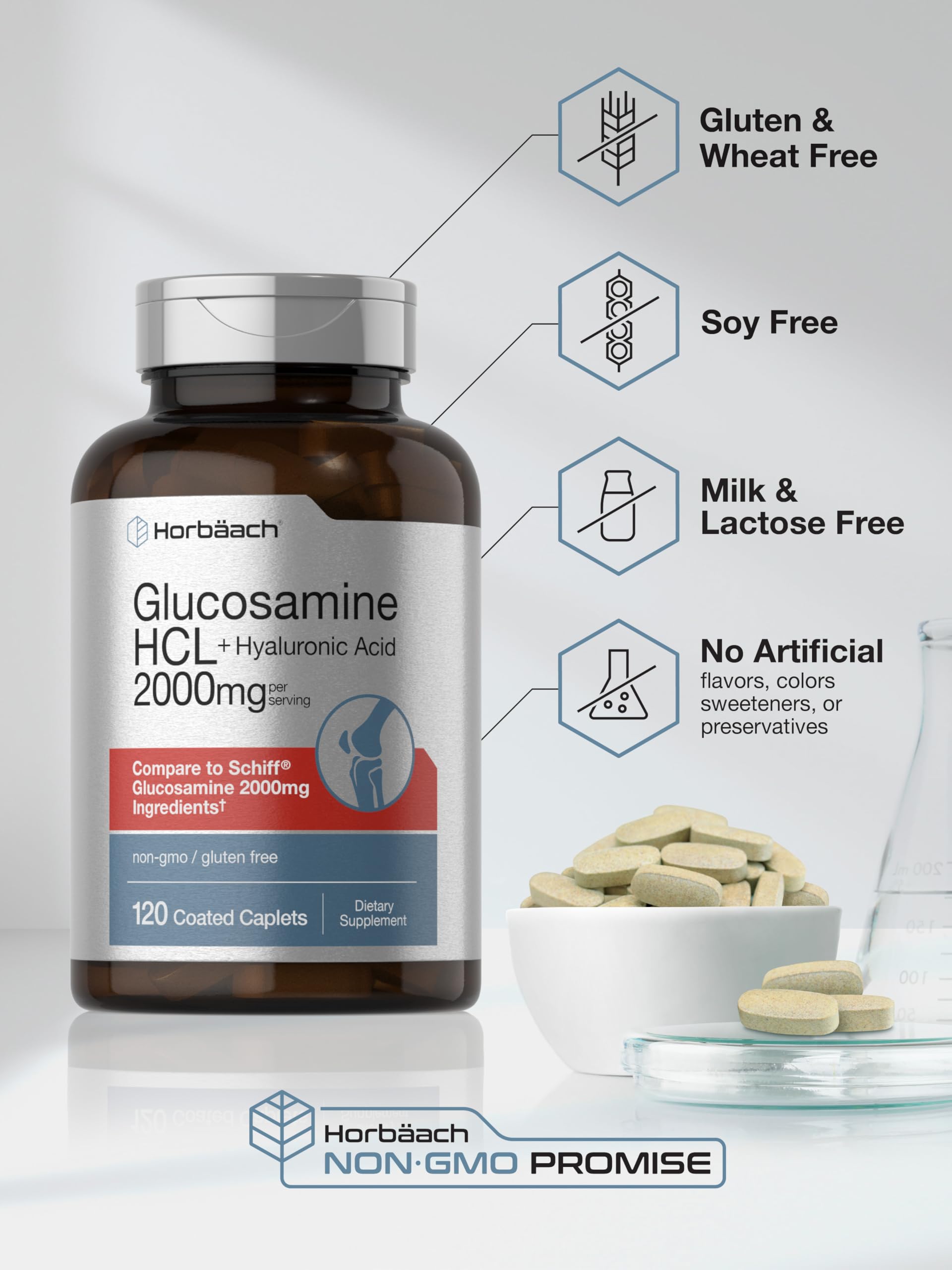 Non-GMO seal on Horbäach Glucosamine HCL packaging indicating clean ingredients.