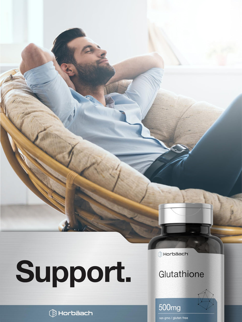 Close-up of non-GMO and gluten-free seal on Horbaach Glutathione bottle.