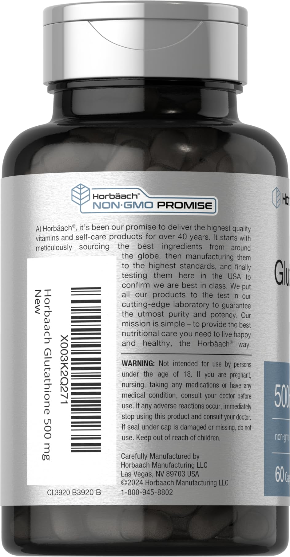 Horbaach Glutathione label front emphasizing purity and potency for daily wellness.
