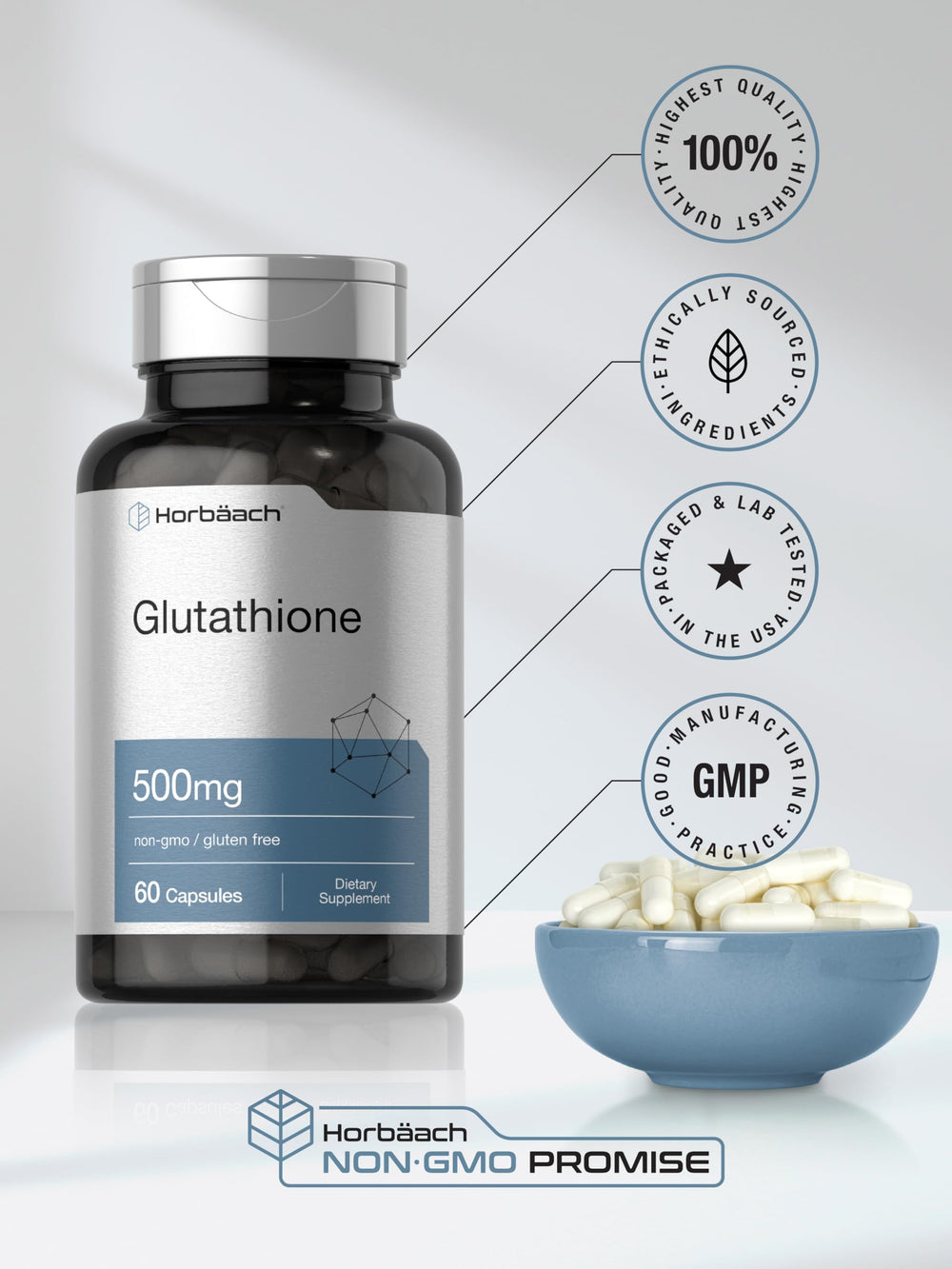 Horbaach Glutathione capsules in a dispensing tray illustrate consistent dosage.
