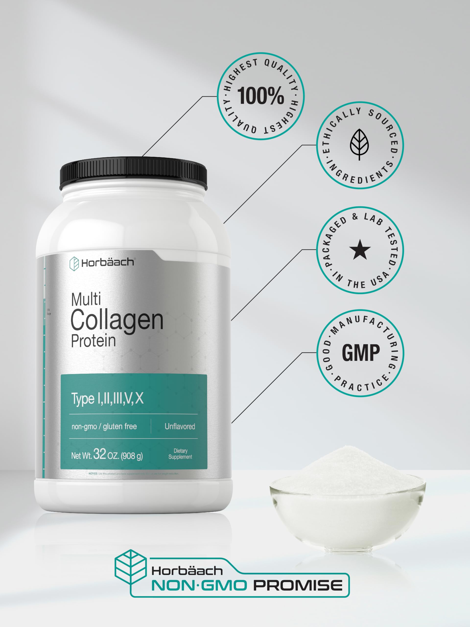 Horbaach gluten-free collagen bottle shown on a kitchen counter.