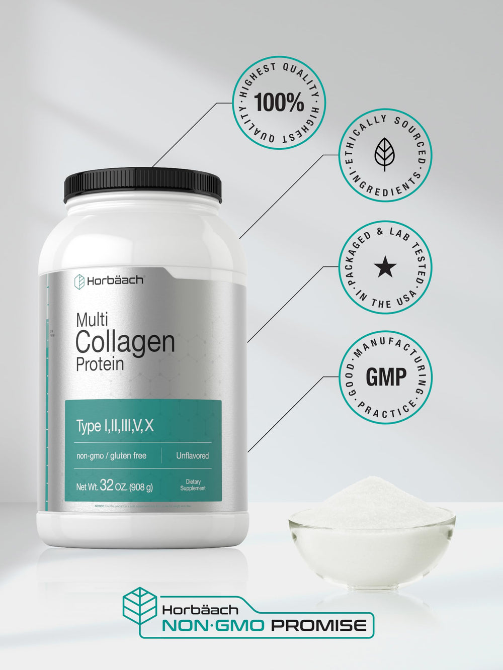 Horbaach gluten-free collagen bottle shown on a kitchen counter.