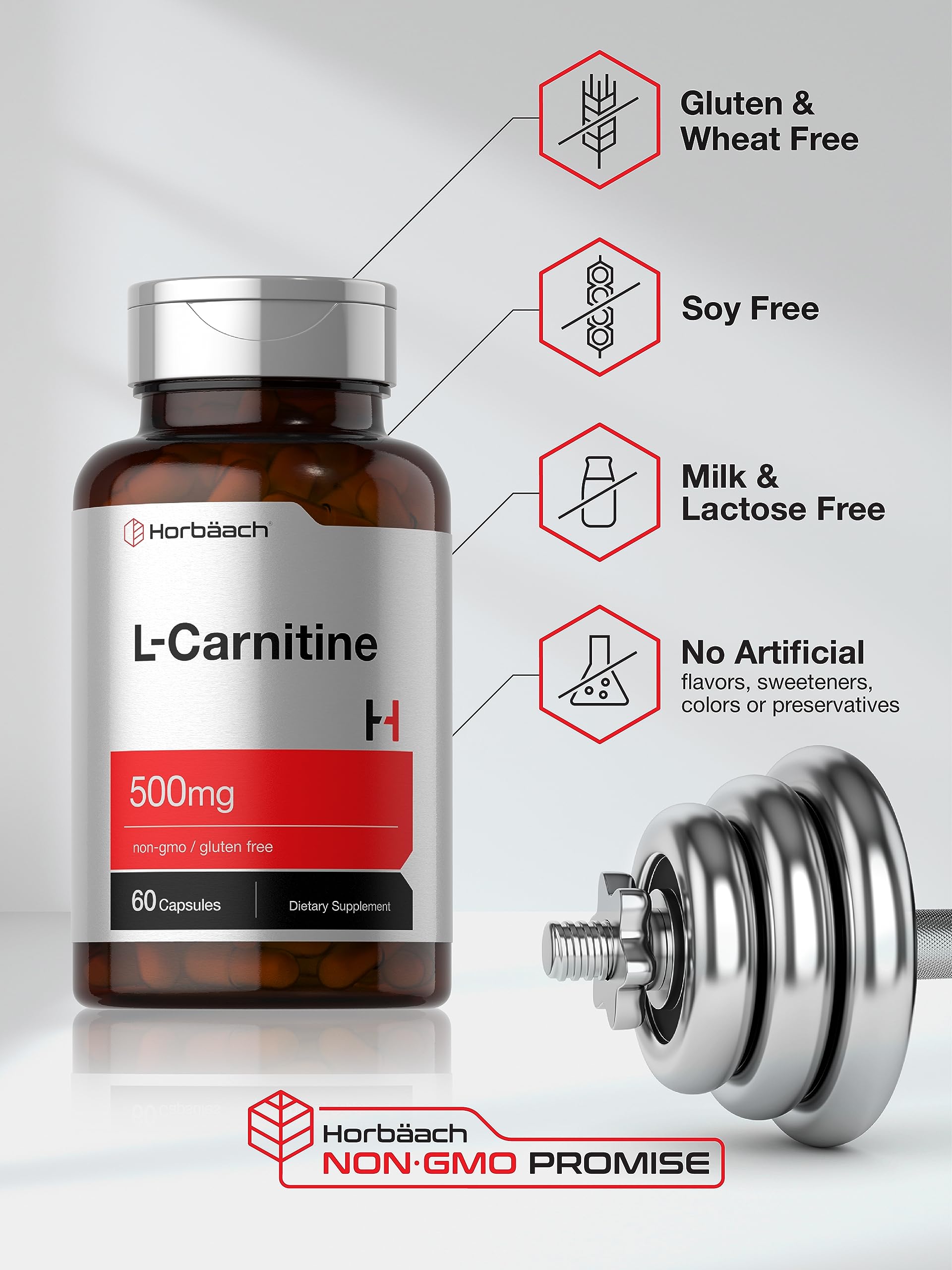 Horbäach gluten-free L-Carnitine packaging supports dietary needs.