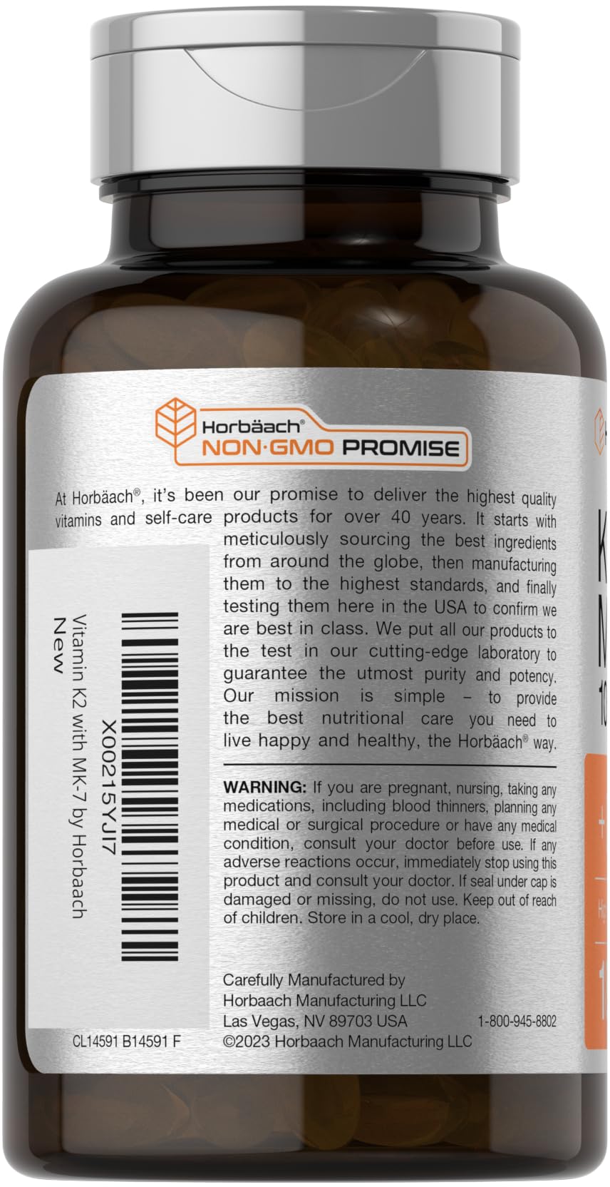 Gluten-free non-GMO label on Horbaach Vitamin D3 K2 bottle.