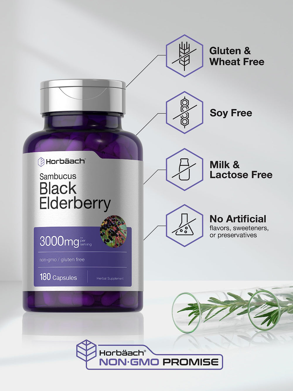 Horbäach gluten-free and non-GMO label on elderberry bottle