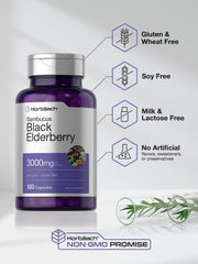 Horbäach gluten-free and non-GMO label on elderberry bottle