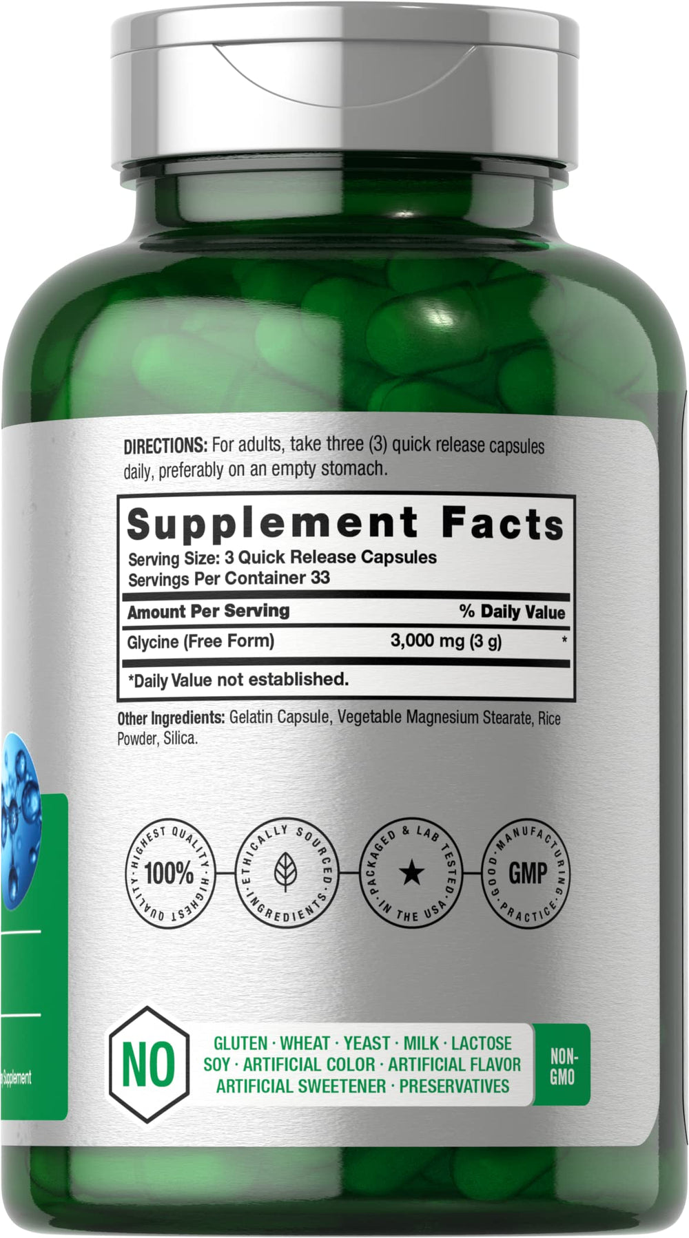 Horbäach Glycine 3000mg capsules close-up shows easy-to-swallow capsules