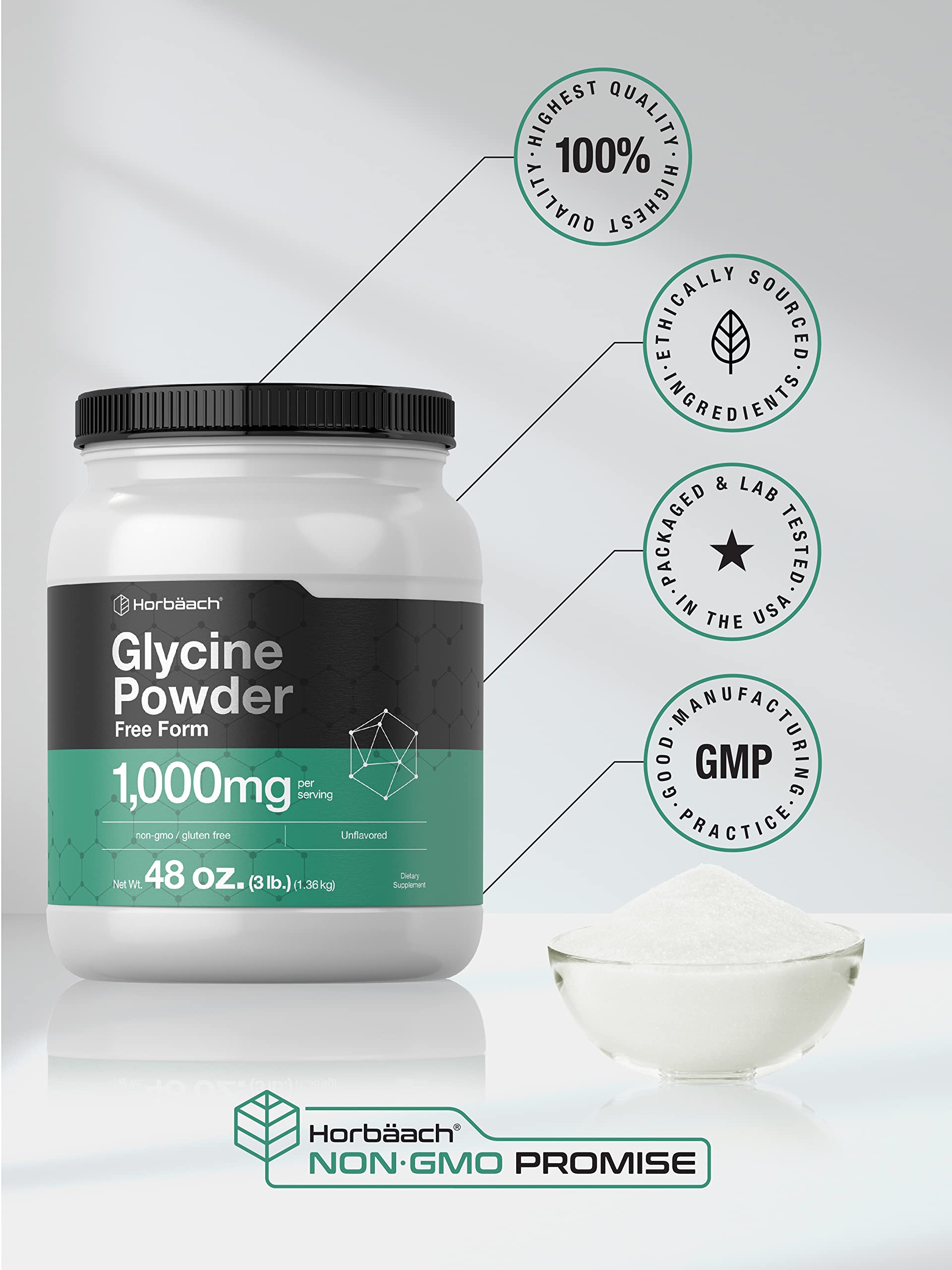 Horbaach Glycine Powder dissolving in water demonstrates easy mixability
