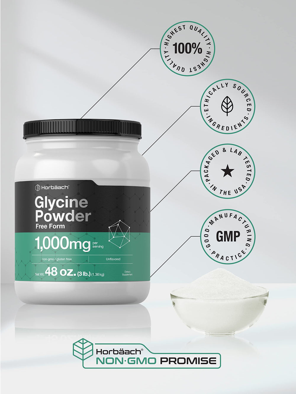 Horbaach Glycine Powder dissolving in water demonstrates easy mixability