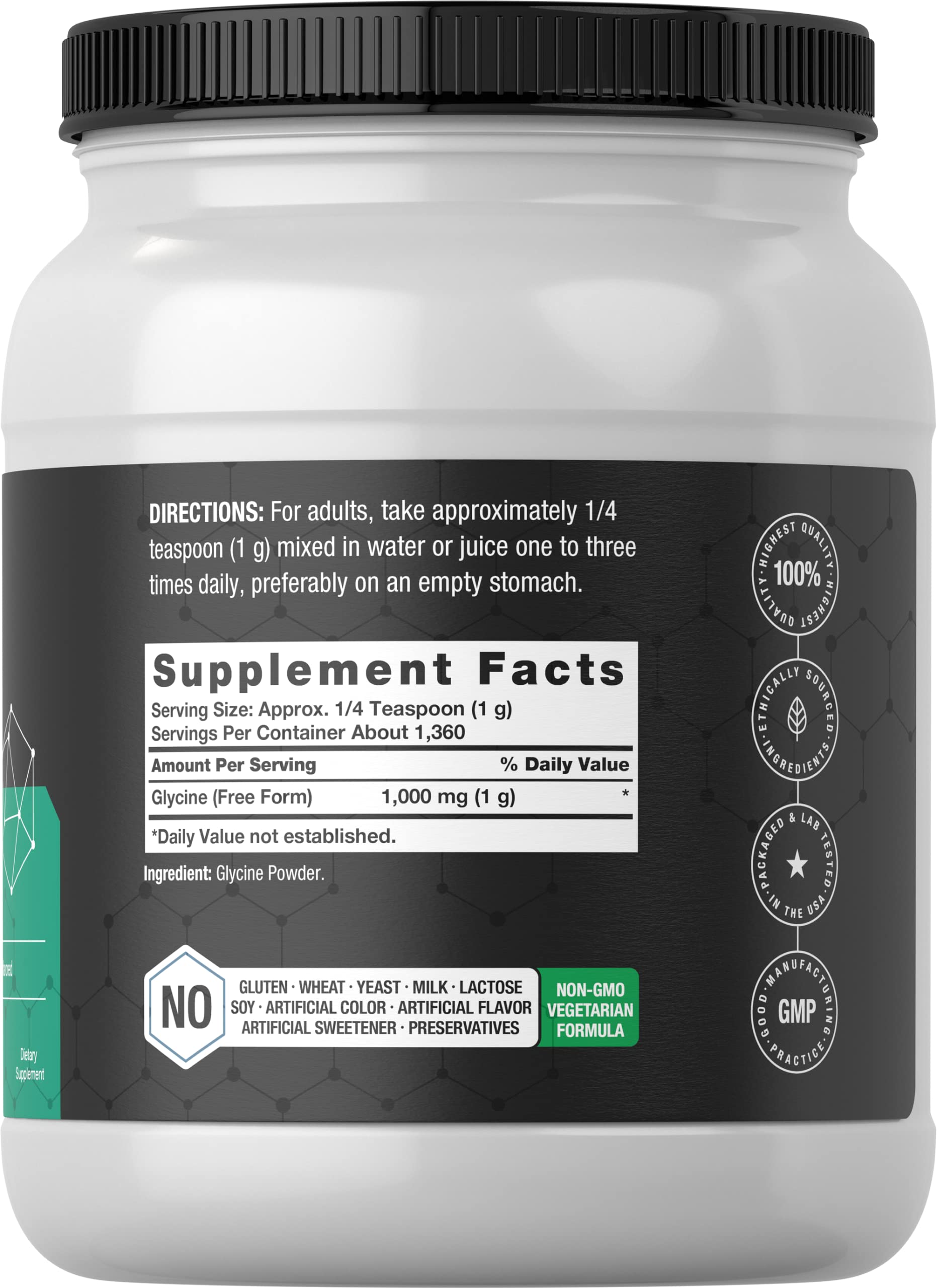 Horbaach Glycine Powder jar closeup featuring vegetarian-friendly, unflavored formula