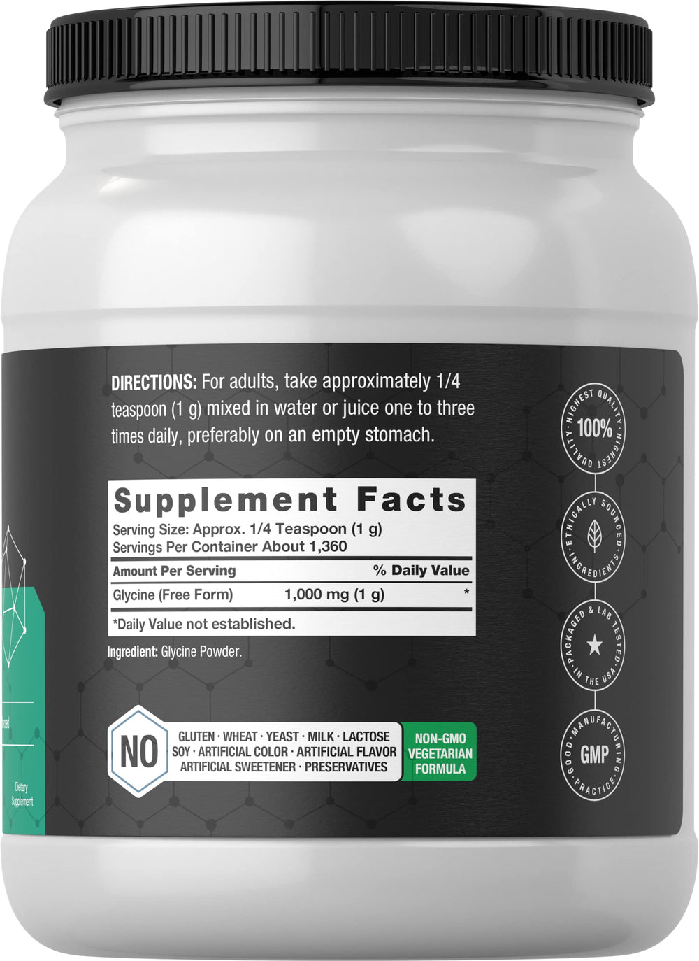 Horbaach Glycine Powder jar closeup featuring vegetarian-friendly, unflavored formula