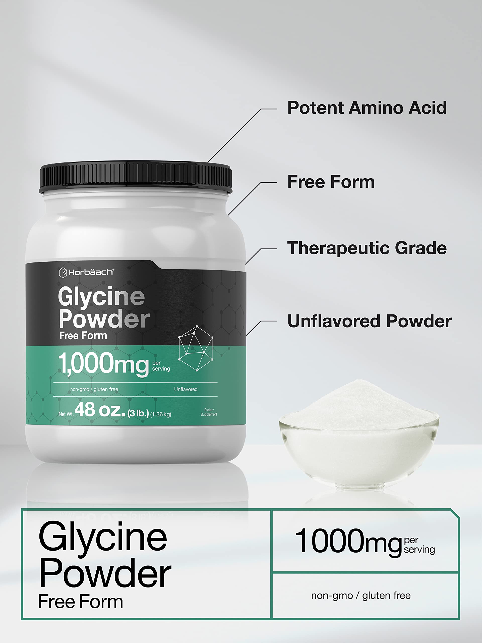 Horbaach Glycine Powder scoop with label highlights 1,000 mg per gram