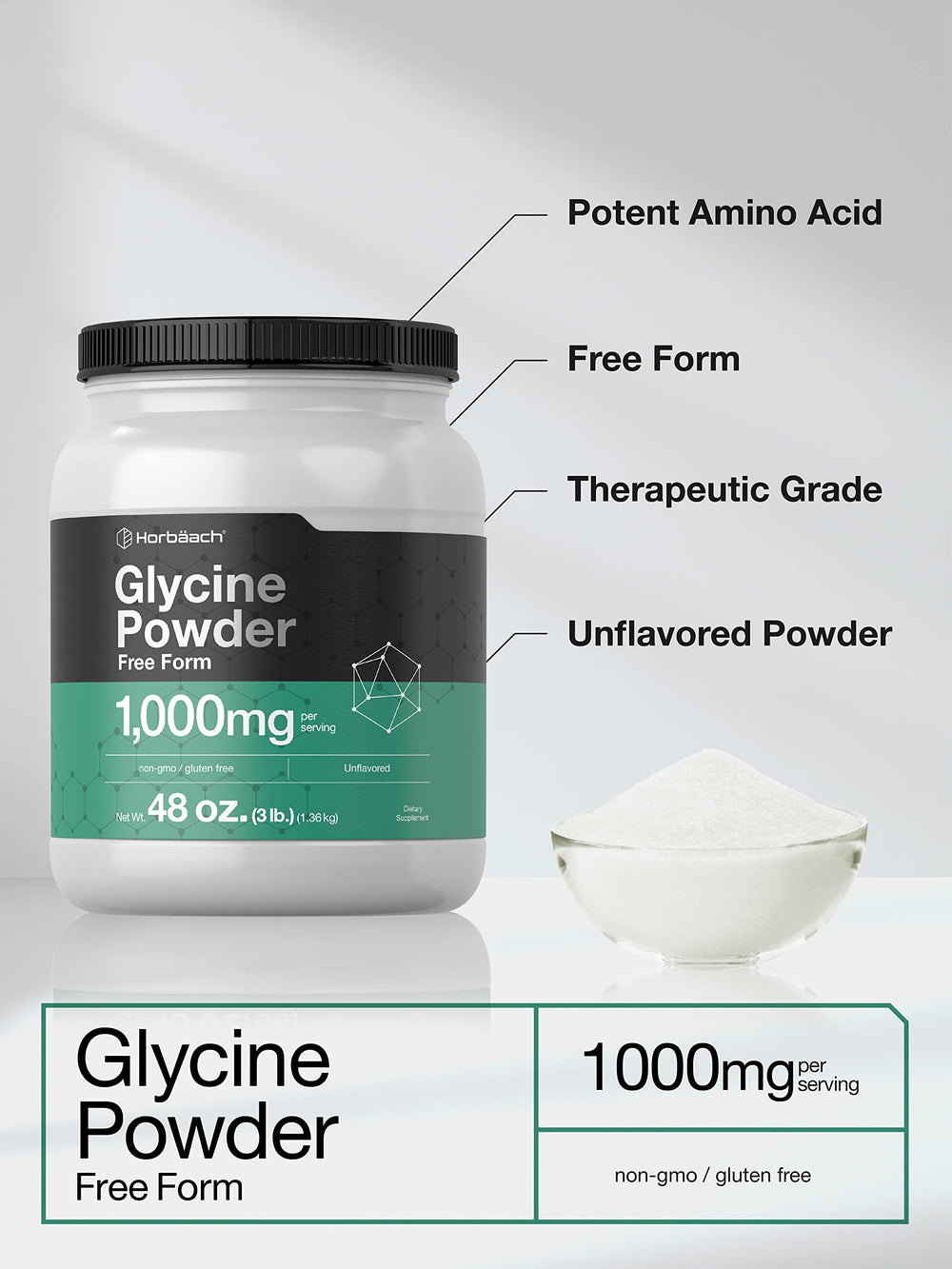 Horbaach Glycine Powder scoop with label highlights 1,000 mg per gram