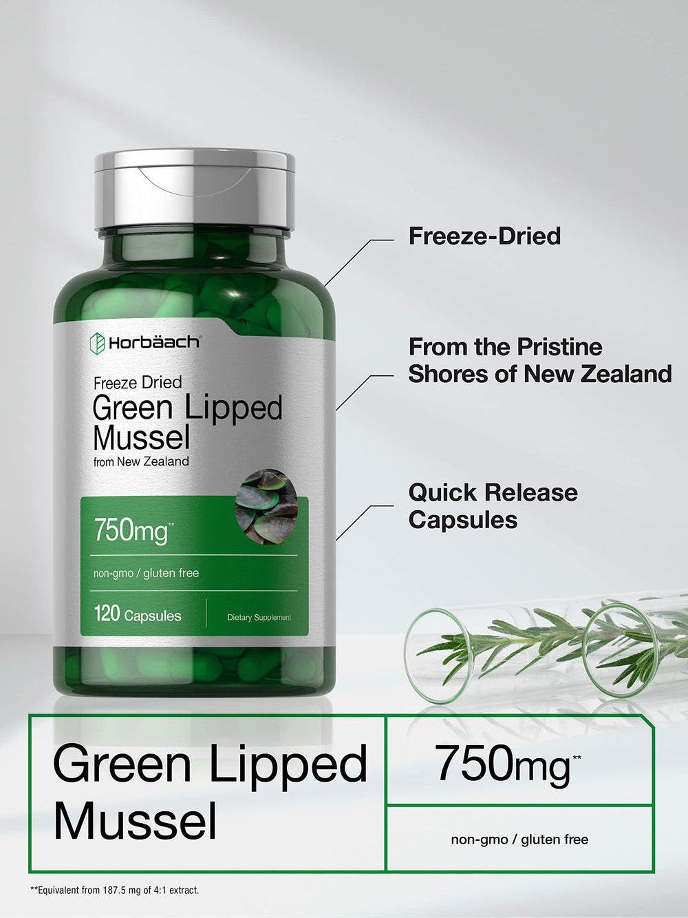 Horbäach Green Lipped Mussel bottle side-label highlights gluten-free and non-GMO features